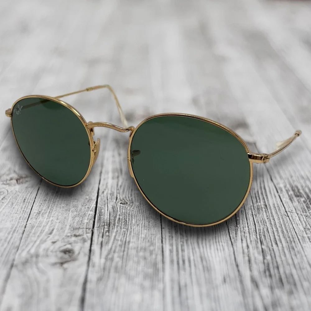 Ray-Ban RB3447N Round Metal Sunglasses Gold Green G15 53mm OG Case Cloth Papers